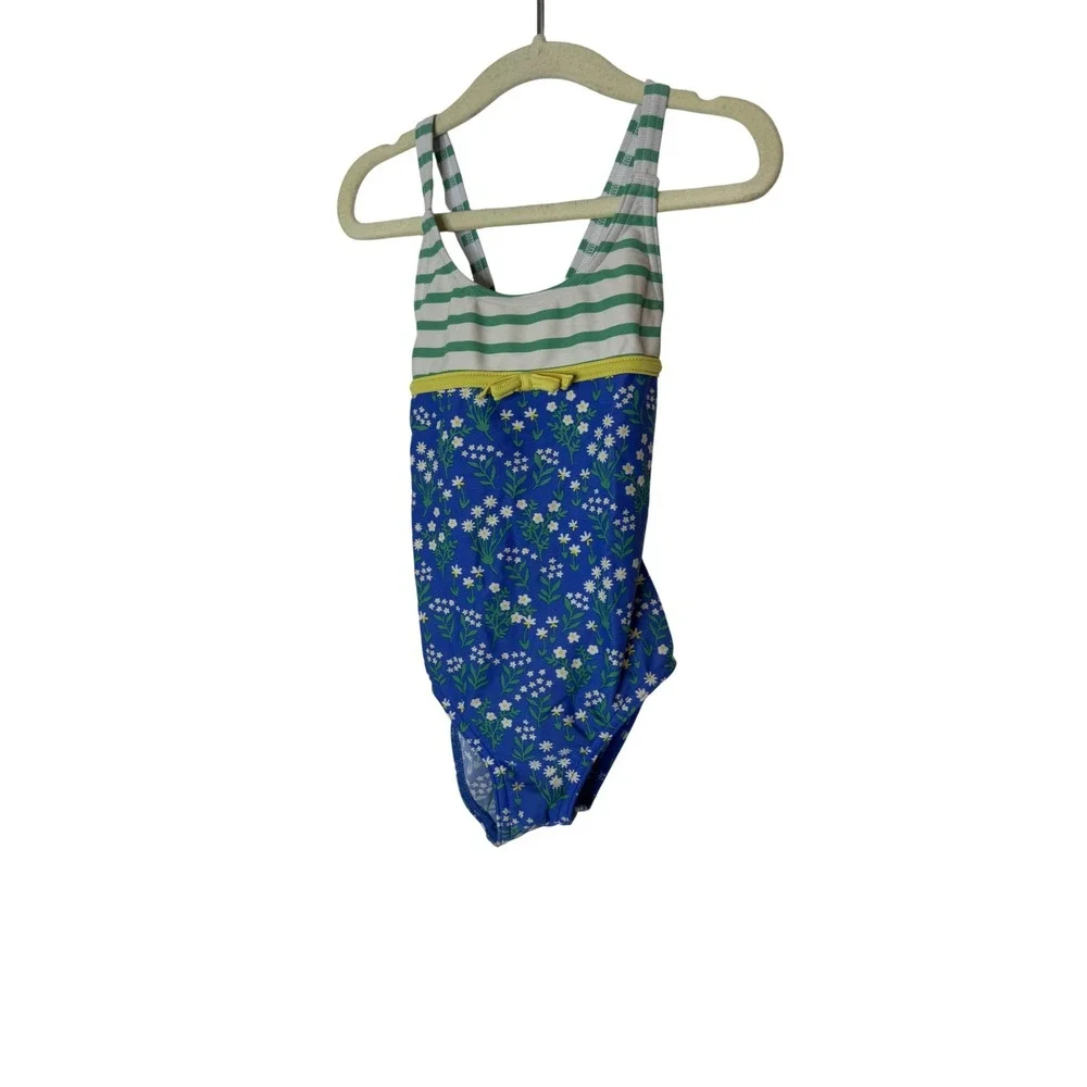 Mini Boden Swimsuit Girls 3T Blue Floral Stripe One Piece Tank Lined‎ Bow Detail